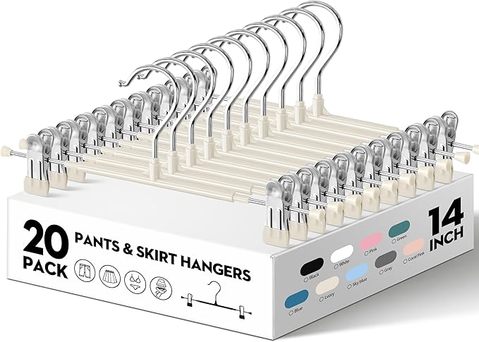20PACK 14Inch Pants Hangers with Clips Adjustable Skirt Hangers for Women Metal Non-Slip Trousers Hanger Heavy Duty Space Saving Clothes Hanger for Shorts,Jeans,Lvory