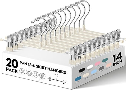 20PACK 14Inch Pants Hangers with Clips Adjustable Skirt Hangers for Women Metal Non-Slip Trousers Hanger Heavy Duty Space Saving Clothes Hanger for Shorts,Jeans,Lvory