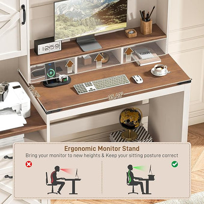 Vabches 51" Executive Desk Farmhouse Home Office Desk with Charging Station, File Drawer, Storage Cabinet, Monitor Stand, Wood Computer Desk with Hutch for Work Study Writing (White)