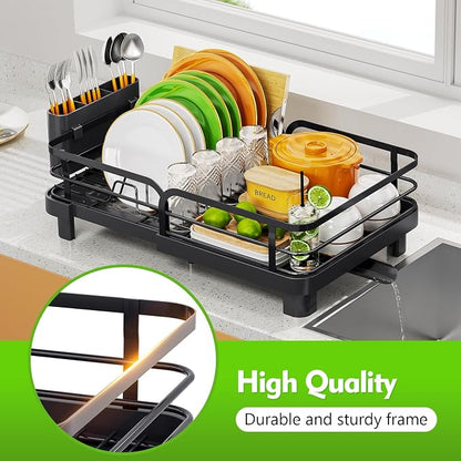 TOOLF Dish Drying Rack, Expandable Dish Racks for Kitchen Counter, Stainless Steel Dish Drainer with Drainboard Set & Cutlery Holder, Rust-Proof, 13.7“-20.5”L x 12.8“W, Black