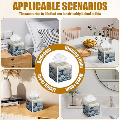 Art Great Wave Tissue Box Cover 2PCS, Leather Tissue Box Holder Square Facial Paper Case Tissue Box Cube Organizer for Bathroom Bedroom Desk Office