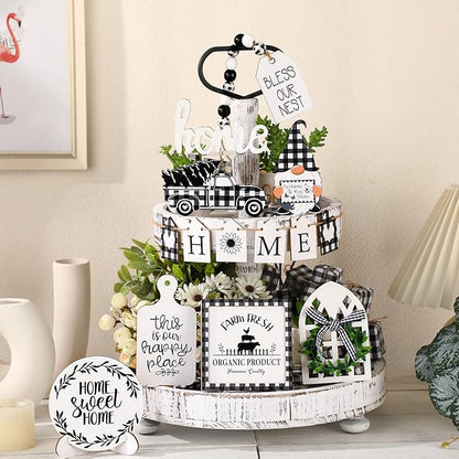 11 Pcs Home Tiered Tray Decor Buffalo Plaid Black and White Rustic Farmhouse Tiered Tray Decorations Set Home Wooden Signs Vintage Animal Tabletop Wood Signs for Kitchen Table Shelf Decor