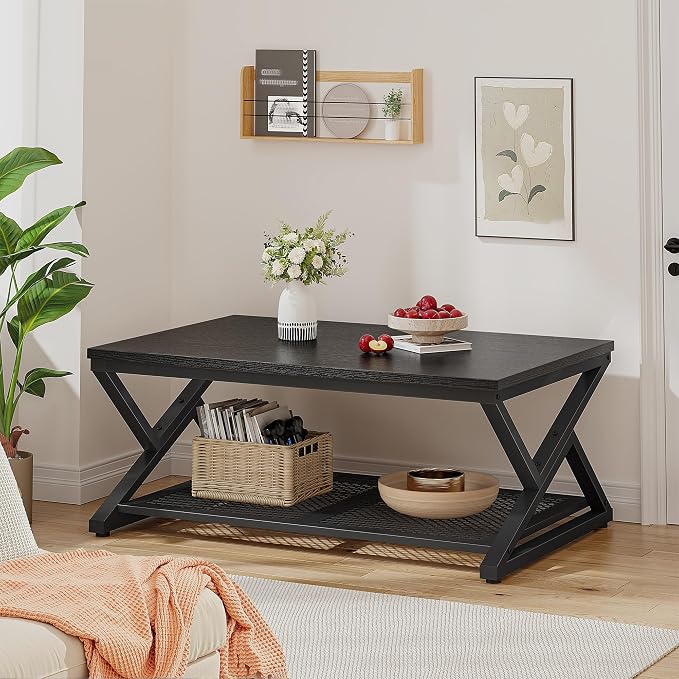 EnHomee Black Coffee Table with Storage, Modern Coffee Tables with Mesh Shelf, 2 Tier Minimalist Industrial Center Table for Living Room, Office, 39.4 Inch, Black Oak