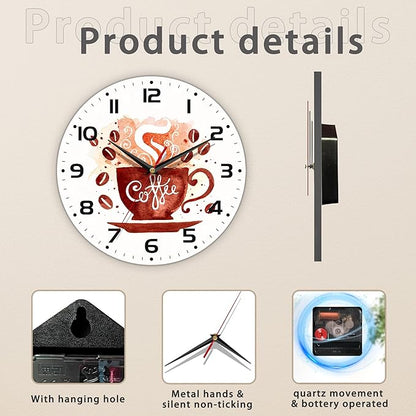 Watercolor Coffee Cup Wall Clock - Vintage Wooden Battery Operated Non-Ticking 10 Inch Silent Art for Living Room, Bedroom, Kitchen - Home Decor for Girls Kids