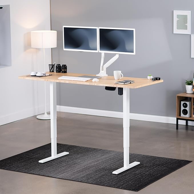 VIVO Electric 71 x 30 in Real Bamboo Standing Desk, Touch Screen Adjustment, 176 lb Frame Support, 2E Series, White Frame, DESK-KIT-2EW71O