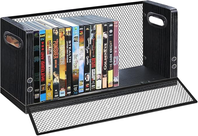 DVD Blu ray Storage Rack, DVD Shelf Holds Up To 28 DVD Cases, Stackable Wood & Metal DVD Tower with Magnetic Opening Door for Easy Access, Desktop Organizer for CDs, Video Game, VHS Tapes