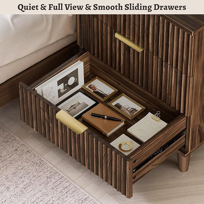 Walnut Fluted nightstands Set of 2, 20 inch Modern Nightstand with Charging Station Wood Bedside End Table with 3 Large Storage Drawers, Tall Side Table for Bedroom Sofa Office