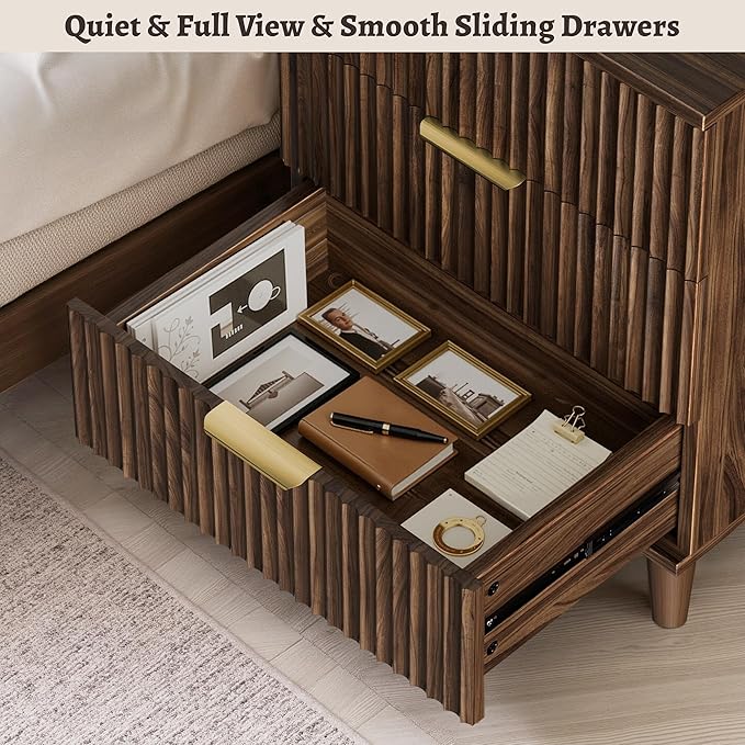 Fluted Night Stand, 20 inch Modern Nightstand with Charging Station Wood Bedside End Table with 3 Large Storage Drawers, Tall Side Table for Bedroom Sofa Office, Walnut