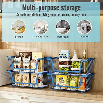 GAOKASE 4 Pcs Stackable Wire Baskets for Pantry Organizers and Storage,Vegetable Fruit Basket for Countertop,Kitchen Storage Metal Baskets,Produce Potato Onion Storage Bin,blue
