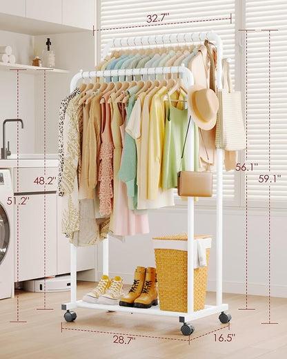 Clothes Rack - Double Rods Clothing Rack with Mesh Shelf, Hooks & Wheels, Metal Clothing Racks for Hanging Clothes & Bags, Multifunctional Garment Rack for Laundry, White, 28.7" x 16.5" x 59.1"