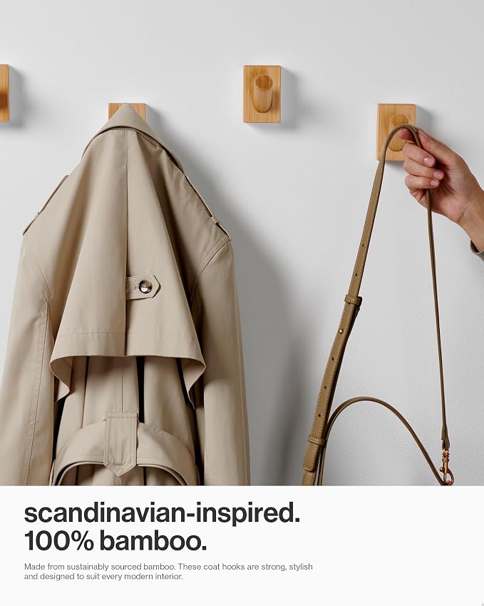 LARHN Wooden Wall Hooks (4-Pack), Wall Mounted Coat Hooks for Wall, Wood Hooks for Hanging - Modern Scandinavian Home Decor - Series 6
