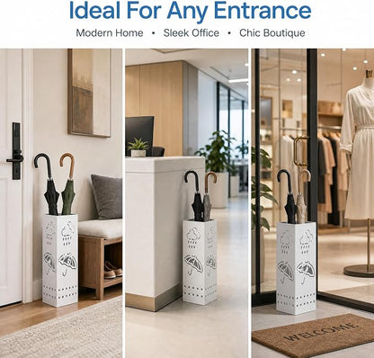 BEWBBAT Metal Umbrella Stand for Entryway, 6 x 6 x 17 Inch White Square Umbrella Organizer Bin, Free Standing Umbrella Holder,Walking Sticks, Home Office Decor