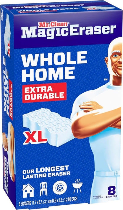 Mr. Clean Magic Eraser Sponge, All Purpose Cleaner, Long Lasting Cleaning Scrubber, Wall, Sneaker, Oven, Kitchen, Bathroom, Shower Cleaner, Cleaning Supplies, Whole Home Extra Durable XL, 8ct