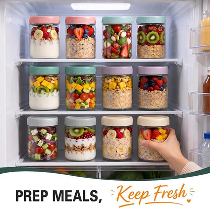 12 Pack Mason Jars, 16oz Overnight Oats Glass Jars, Wide Mouth Overnight Oats Containers with Lids, Small Parfait Cups with Lids for Yogurt, Storage, Chia, Snack, Salad, Spice, Seed