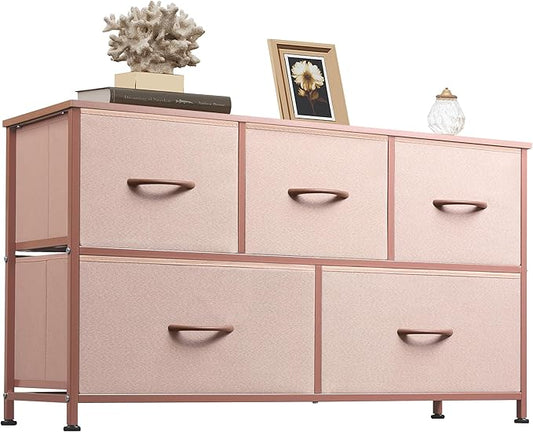 WLIVE Dresser for Bedroom with 5 Drawers, Wide Chest of Drawers, Fabric Dresser, Storage Organization Unit with Fabric Bins for Closet, Living Room, Hallway, Pink and Rose Gold