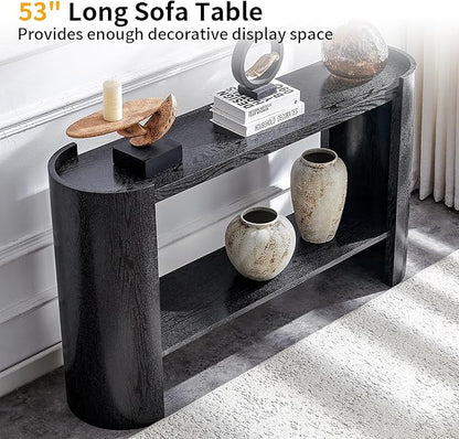 53" Console Table for Entryway, Narrow Sofa Entrance Table with Faux Mars Marble Pattern, Modern Sofa Tables with Storage Shelf for Living Room, Hallway, Foyer, Home Office, Black