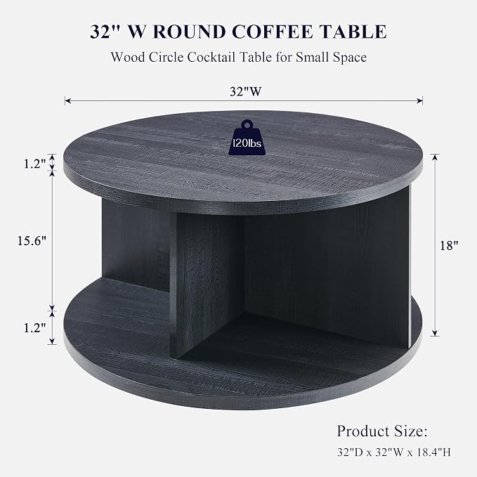 JXQTLINGMU Round Coffee Table for Living Room, 32" Modern Center Table with Cross Support Structure & Open Storage Cubby, Wood Circle Cocktail Table for Small Space, Apartment, Black