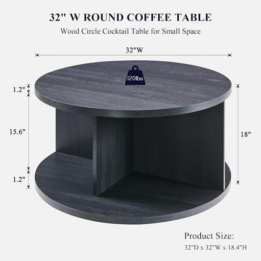 JXQTLINGMU Round Coffee Table for Living Room, 32" Modern Center Table with Cross Support Structure & Open Storage Cubby, Wood Circle Cocktail Table for Small Space, Apartment, Black