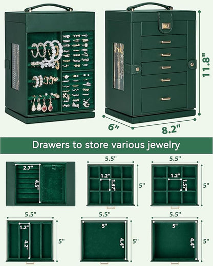 AKOZLIN 360° Rotating Jewelry Box 6-Tier Organizer Functional Jewelry Storage Case for Women Girls Ring Necklace Earring Bracelet Holder with Mirror
