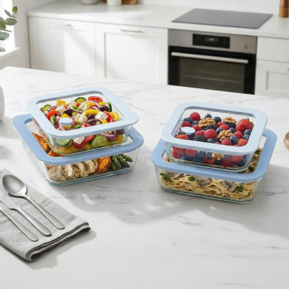 Urban Green Glass Food Container Set with Silicone Glass Lid, Square Shape, 4 Pack, Airtight, LeakProof, 100% Plastic Free, Meal Prep Food Storage Containers, Blue Color