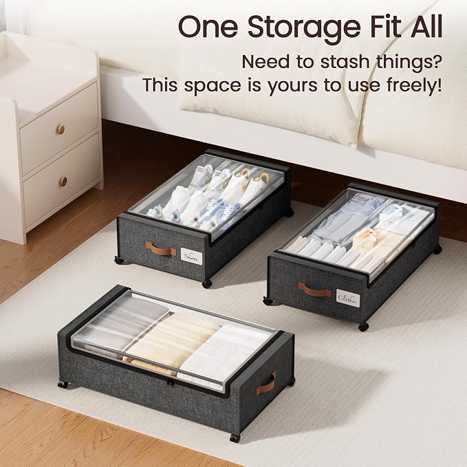 Yecaye 82 L Under Bed Storage with Wheels, 9.4 in Under Bed Storage Containers, Large Under Bed Shoe Storage with Lids, Rolling Underbed Storage bins for Clothes, Blankets, Grey