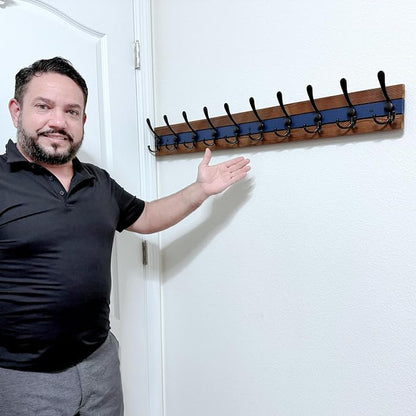 SKOLOO Rustic Wall Mounted Coat Rack - 38-1/8" Long Coat Hooks for Wall with 10 Triple Hooks for Hanging Coats, Hats or Tools, Western National Parks Collection, Wood Brown & Blue