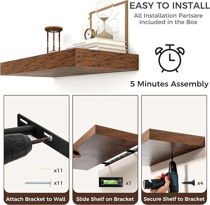 Floating Shelves for Wall, 55 Inch Wide x 12 Inch Deep Floating Shelves, Long Wood Floating Wall Shelf Shelves for Living Room Bathroom Bedroom Kitchen Home - (Brown, 55" W x 12" D x 2" H)