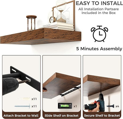 Floating Shelves for Wall, 55 Inch Wide x 12 Inch Deep Floating Shelves, Long Wood Floating Wall Shelf Shelves for Living Room Bathroom Bedroom Kitchen Home - (Brown, 55" W x 12" D x 2" H)