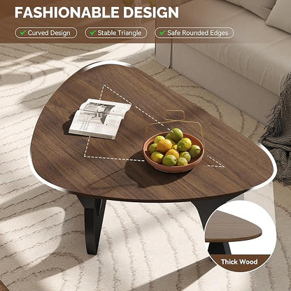 Modern Wood Coffee Table, Triangle Center Table with Premium Wooden Top& Unique Base, 35.5” Small Mid Century Tea Tables for Living Room, Apartment, Office,Walnut & Black