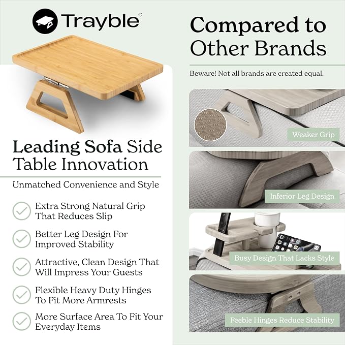 Shamrock Home Bamboo Trayble Couch Arm Table, Clip On Tray Sofa Table for Couches. Sofa Arm Tray for TV Dinners, Remotes, Drinks, Snacks and Small Spaces - 13.75 x 9.5inch, Beige