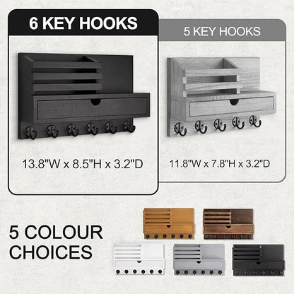 Key Holder Wall Mount, Mail Holder with Storage Drawer and 6 Key Hooks for Coat, Dog Leash, Home Decor Rack, House Accessories, Entry Way Organizer