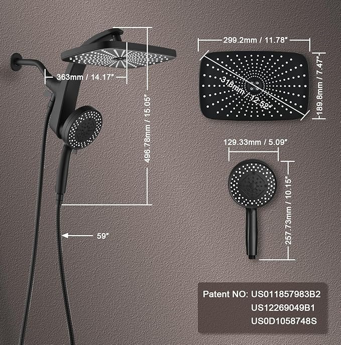 BOZYBO Rain Shower Head with Handheld: High Pressure Shower Heads with Handheld Spray Combo, 12" Rainfall Shower Head and 9 Sprays Hand Showerheads with Magnetic Docking and Power Jets, Black 1.8GPM