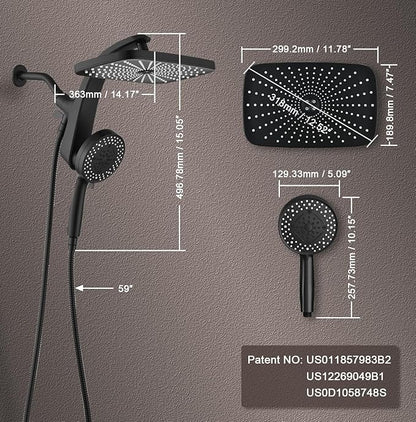 BOZYBO Rain Shower Head with Handheld: High Pressure Shower Heads with Handheld Spray Combo, 12" Rainfall Shower Head and 9 Sprays Hand Showerheads with Magnetic Docking and Power Jets, Black 1.8GPM