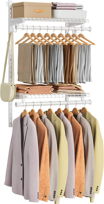 SONGMICS HOME Closet System, Closet Insert Organizer, 2-4 ft, Adjustable Metal Shelving Unit with 2 Hanging Rods, 2 Shelves, and Hooks, for Pantry Mudroom Garage Basement, Cloud White URGR030W01