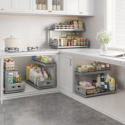 Under Sink Organizer Upgrade To Professional Rails,2-Tier Dual Pull Out Cabinet Storage,Height Adjustable Slide Out Drawers For Bathroom Kitchen,2 Pack-18.5"Dx12.8"-16.9"H,Gun Gray