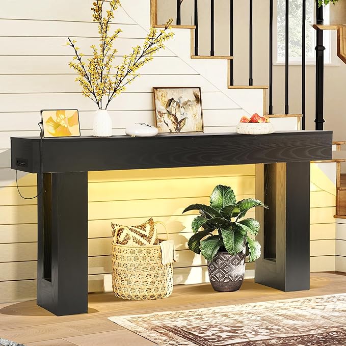 Grepatio 63 Inch Entryway Console Table, Wood Entry Way Table with LED Light, Long Console Table with USB Power Outlet, Narrow Sofa Behind Couch Tables for Entrance, Hallway, Living Room (LED Black)
