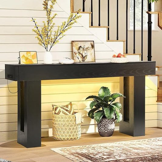 Grepatio 63 Inch Entryway Console Table, Wood Entry Way Table with LED Light, Long Console Table with USB Power Outlet, Narrow Sofa Behind Couch Tables for Entrance, Hallway, Living Room (LED Black)