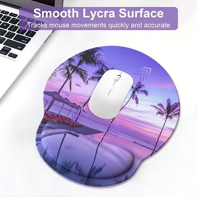 Ergonomic Mouse Pad with Wrist Rest and Keyboard Wrist Rest, Mousepad and Keyboard Pad, Non-Slip Rubber Base, Pain Relief, Mouse Pad Wrist Support for Gaming, Computer, Office, Home, Purple Beach