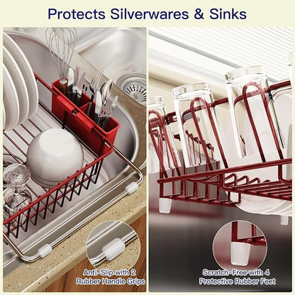MAJALiS Red Dish Drying Rack Over Sink with Utensil Holder, Drainboard | Expandable Stainless Steel Dish Drainer for Small Kitchen, Apartment, RV, Counter Space Saving, Perfect Fit, Rustproof