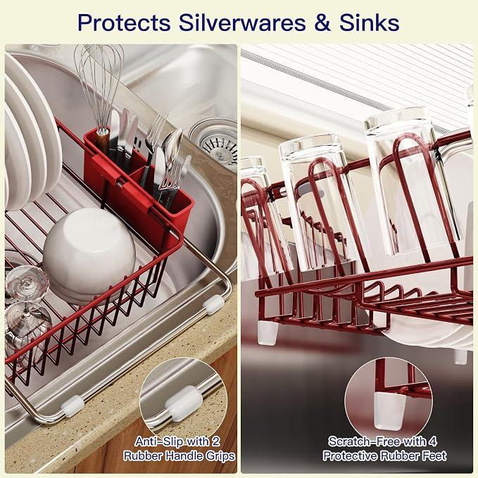 MAJALiS Red Dish Drying Rack Over The Sink with Utensil Holder | Expandable Stainless Steel Dish Drainer for Small Kitchen, Apartment, RV, Counter Space Saving, Perfect Fit, Rustproof
