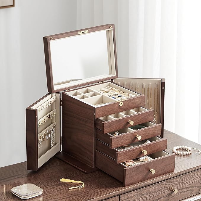 Black Walnut Wooden Jewelry Box, Wood Jewelry Organizer with 2 Side Doors Mirror Lockable Classical Style for Watch Necklace Ring Earring Storage Christmas Gifts-5 Layer