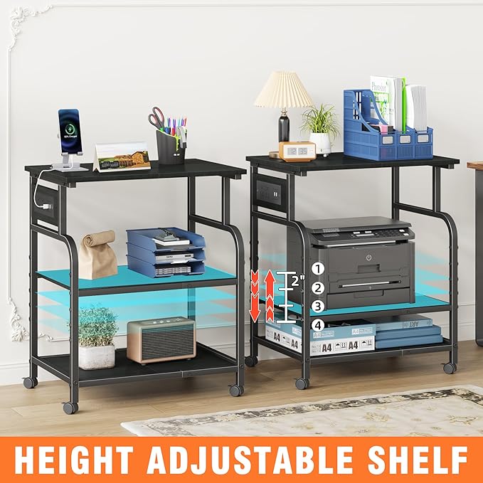YAOHUOO 3 Tier Large Printer Stand with Power Outlet/Adjustable Shelf | 22"x15" Large Top,Fit 2-3 printers,Rolling Cart with Wheels,Table for Home Office,Fit 3D Printer/Heat Press/Laser,Black