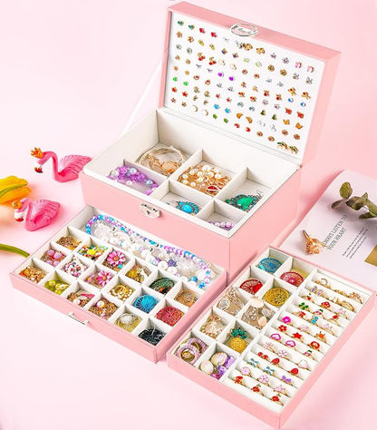 QBestry Earring Jewelry Box for Girls Pink, 5 Layers Jewelry Organizer with Lock Key Jewelry Boxes for Women Necklace and Earring Holder Organizer for Girls Teen Jewelry Box Earrings Case Xmas Gifts