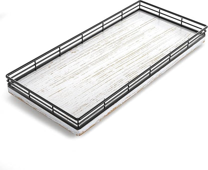 Bathroom Toilet Tank Tray, 13" Wood Toilet Paper Storage Basket Tray Back of Toilet Basket Organizer,Vanity Tray for Perfume Makeup Candle Decor, Black & Farmhouse White