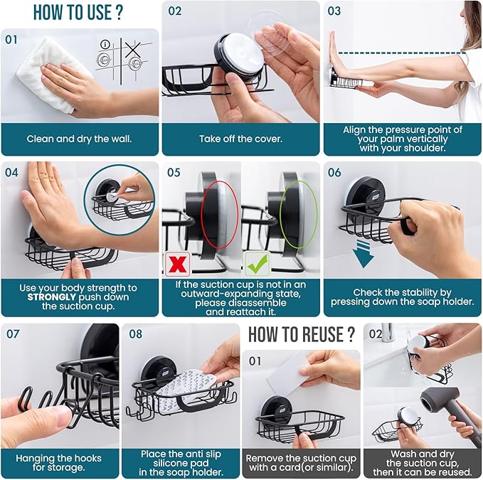 TAILI Bar Soap Holder Suction Cup with Hooks and Silicone Soap Saver Pad for Bath Shower Wall, Shampoo Caddy for Bathroom, Tub, Kitchen, Rustproof Stainless Steel Sponge Holder, Black