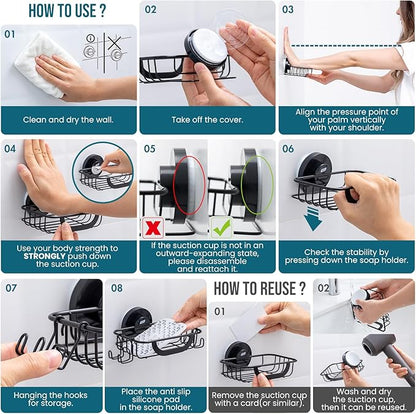 TAILI Bar Soap Holder Suction Cup with Hooks and Silicone Soap Saver Pad for Bath Shower Wall, Shampoo Caddy for Bathroom, Tub, Kitchen, Rustproof Stainless Steel Sponge Holder, Black