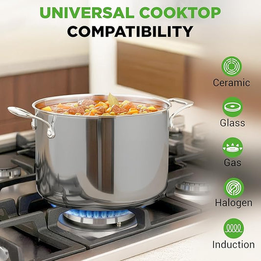NutriChef 8-Quart Stainless Steel Stock Pot - 18/8 Food Grade Stainless Steel Heavy Duty Induction - Stock Pot, Stew Pot, Simmering Pot with See-Through Lid, Dishwasher Safe - NCSP8