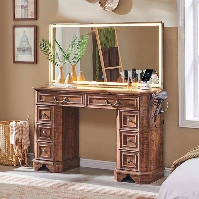 Makeup Vanity Desk with 48" HD Lighted Mirror, Farmhouse Vanity Table with 8 Drawers, Vanity Desk with 3 Color Modes, Dressing Table with Glass Top and Charging Station for Bedroom