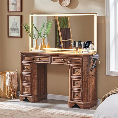 Makeup Vanity Desk with 48" HD Lighted Mirror, Farmhouse Vanity Table with 8 Drawers, Vanity Desk with 3 Color Modes, Dressing Table with Glass Top and Charging Station for Bedroom