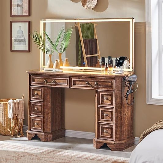 Makeup Vanity Desk with 48" HD Lighted Mirror, Farmhouse Vanity Table with 8 Drawers, Vanity Desk with 3 Color Modes, Dressing Table with Glass Top and Charging Station for Bedroom